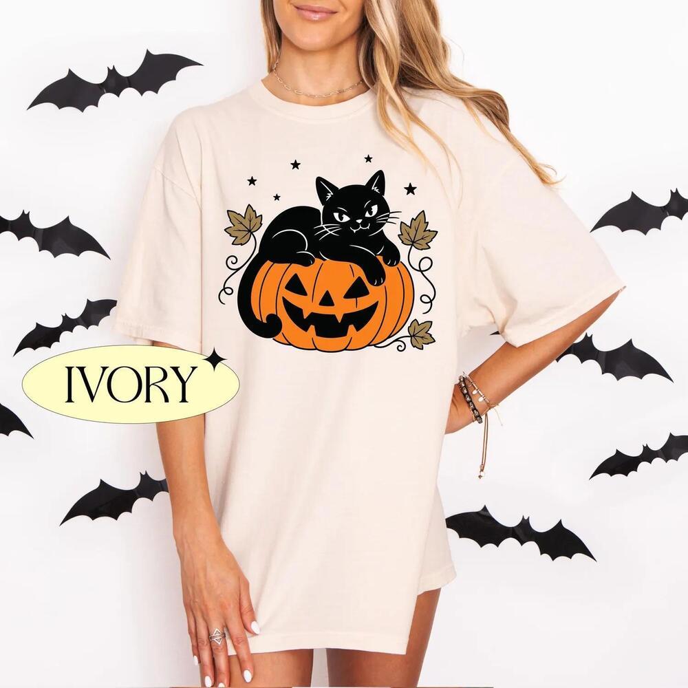 Black Cat Pumpkin Shirt, Halloween Cat Shirt, Cute Halloween Tee